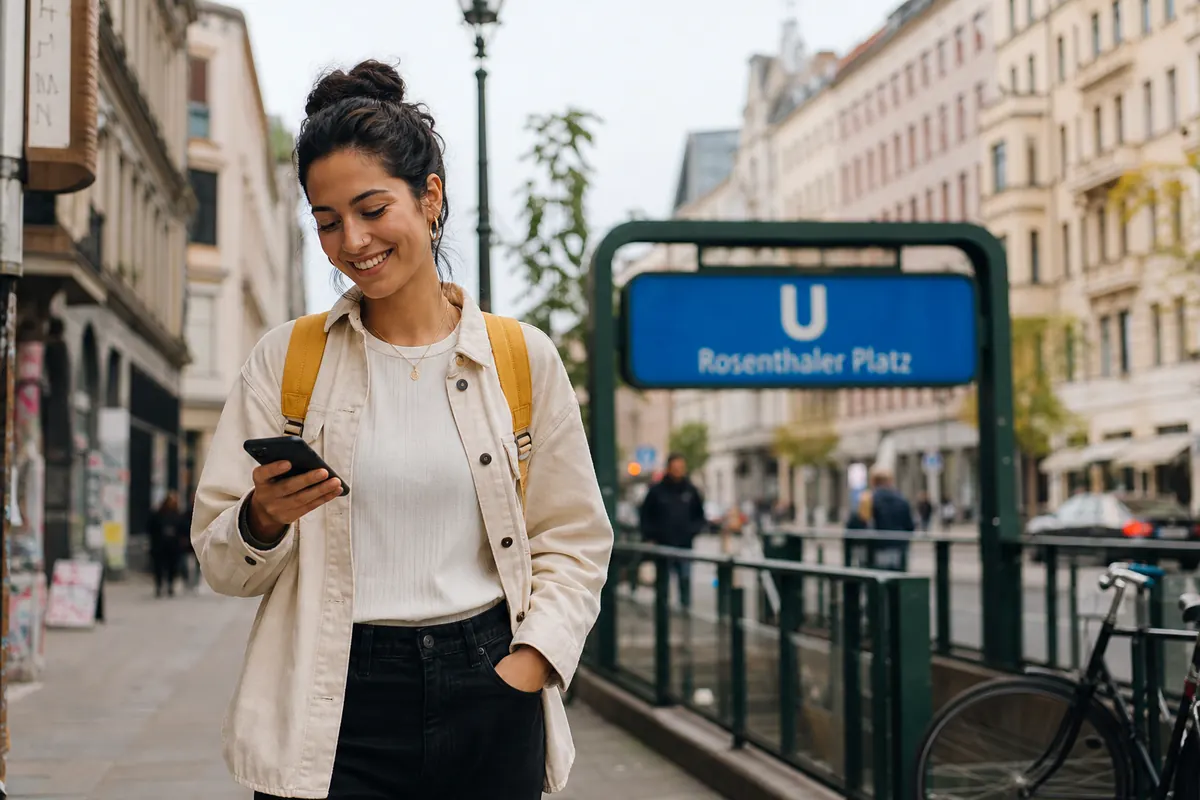 Voyageur détendu utilisant son smartphone connecté à internet en Allemagne