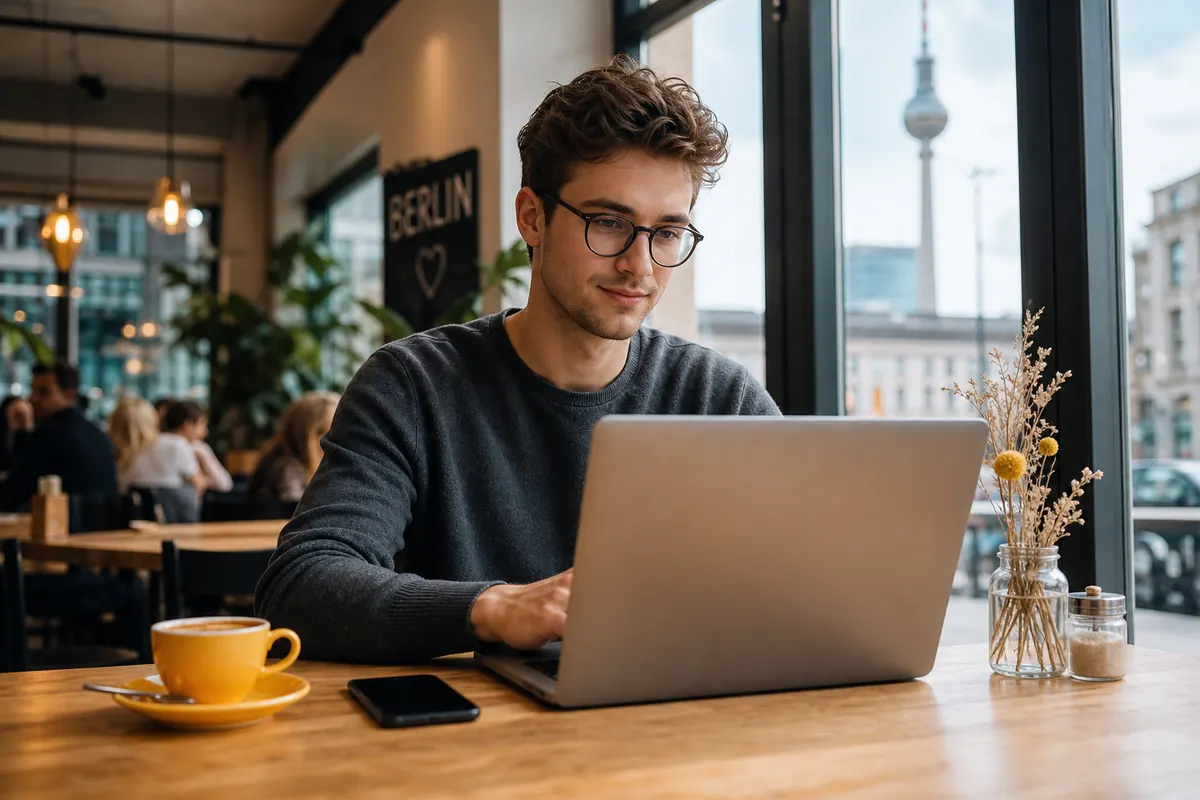 Étudiant travaillant sur ordinateur avec partage de connexion dans un café berlinois