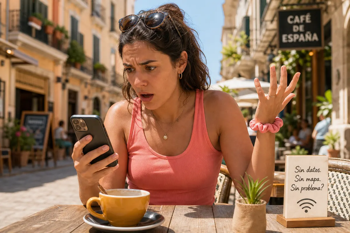 Voyageur frustré sans connexion internet sur son smartphone en Espagne.