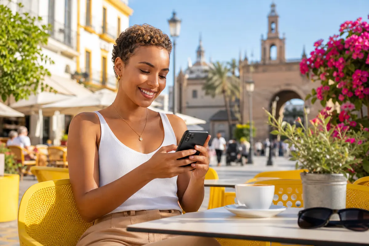 Voyageur détendu utilisant une eSIM sur son smartphone en Espagne.
