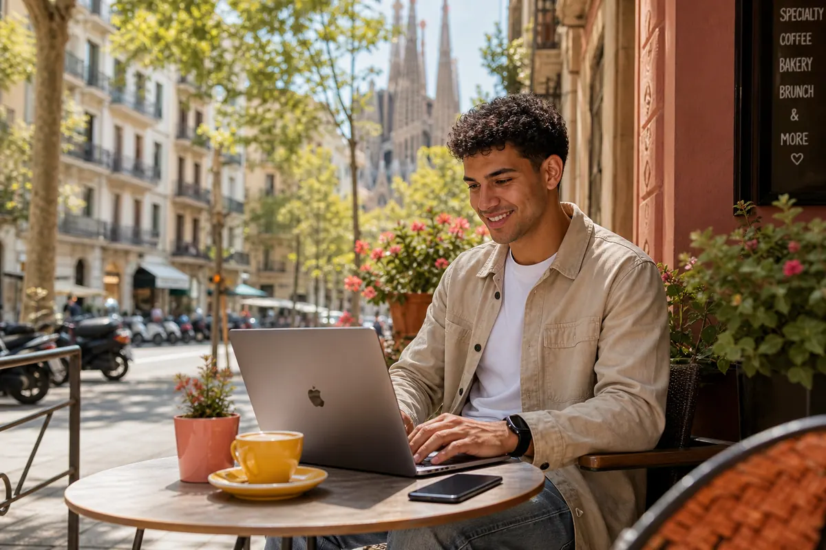 Étudiant utilisant le partage de connexion eSIM en terrasse à Barcelone.