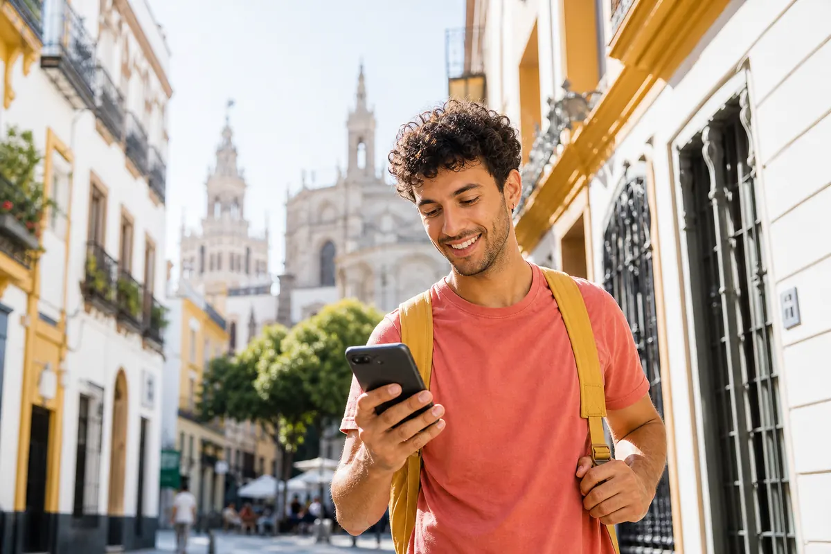 Étudiant utilisant son smartphone en Espagne avec une eSIM de voyage.