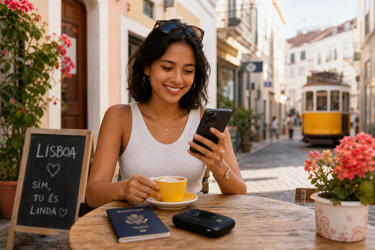 Options internet de voyage : passeport, pocket WiFi et smartphone au Portugal.