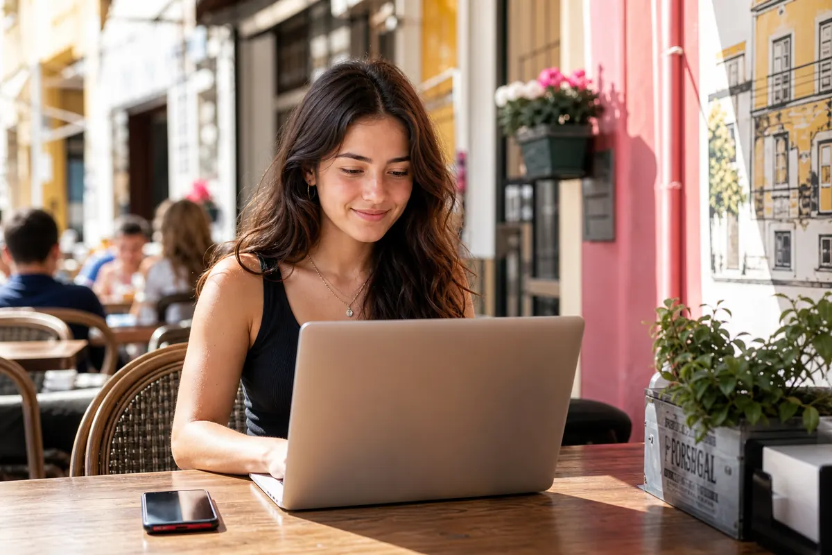 Étudiant utilisant le partage de connexion dans un café au Portugal