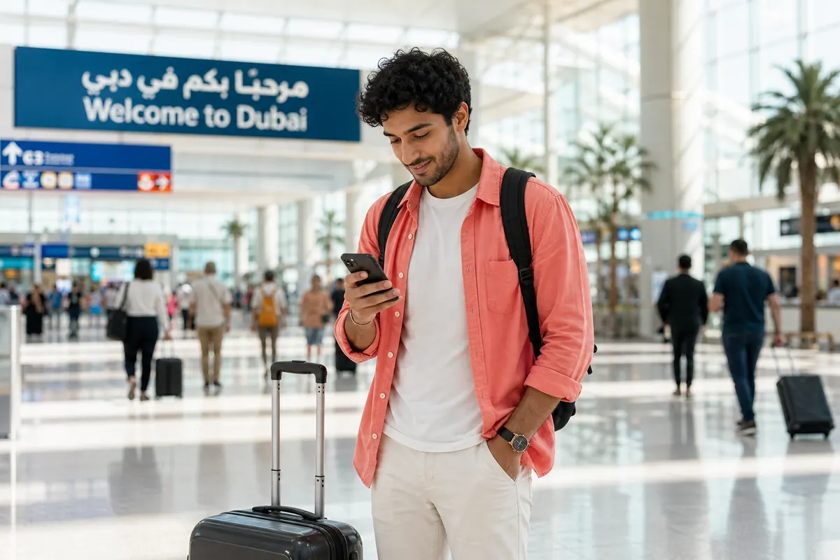 International student ordering a ride on smartphone at Dubai airport.