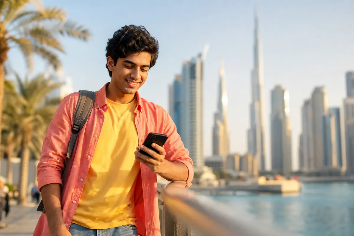 Student in Dubai enjoying eSIM connection on smartphone.