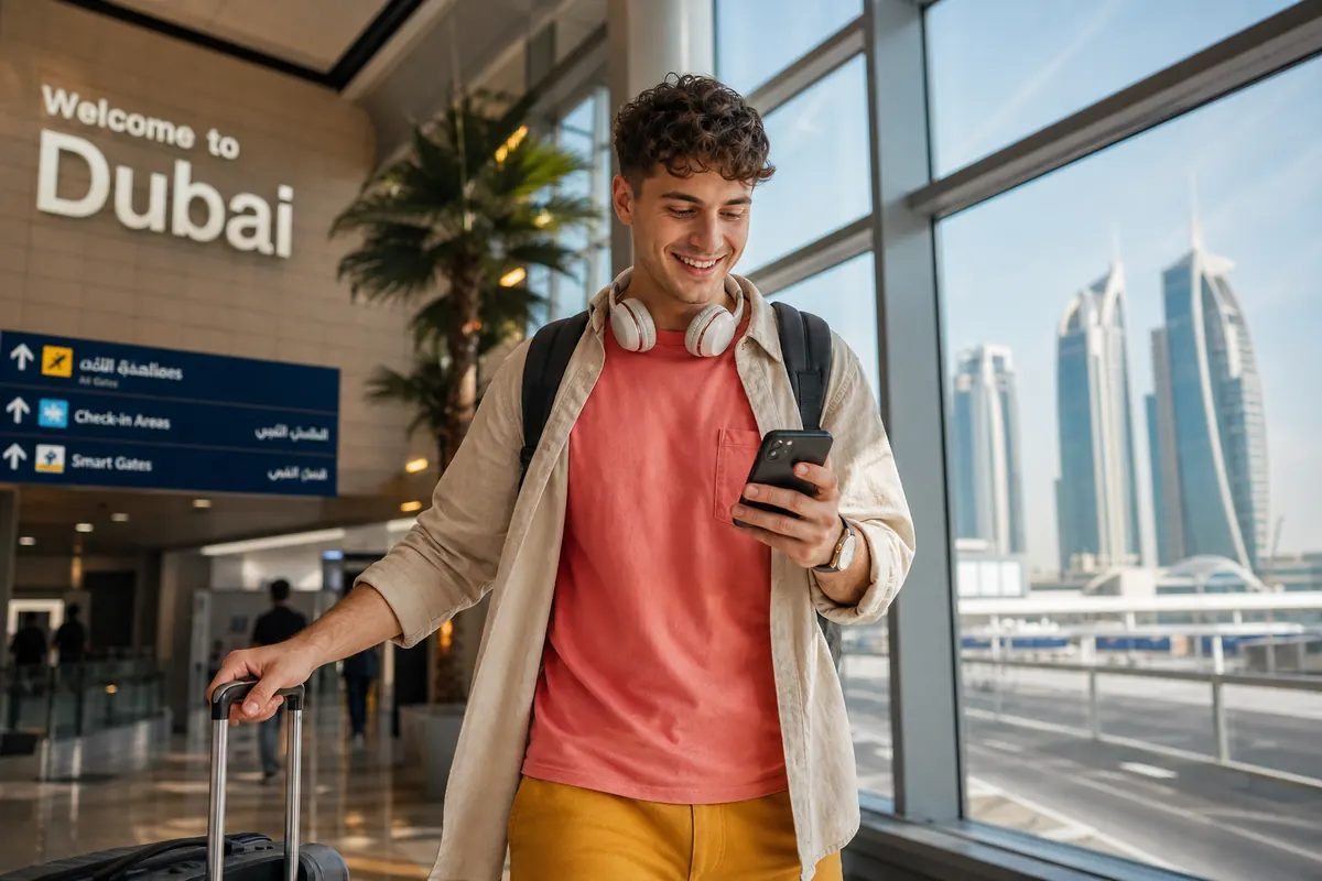Traveler activating eSIM plan on smartphone at Dubai airport.