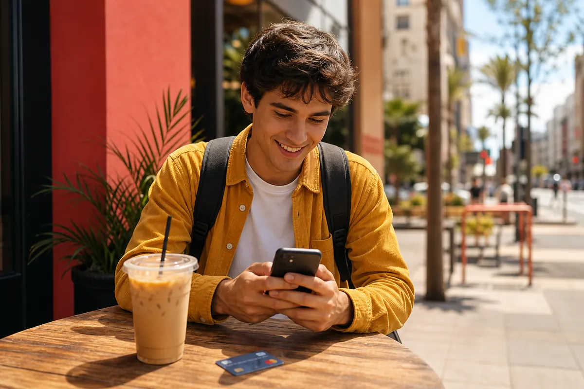 Student traveler with smartphone and iced coffee in an American city.