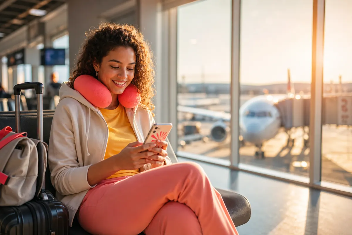 Female traveler setting up her eSIM internet plan on a smartphone for the United States.