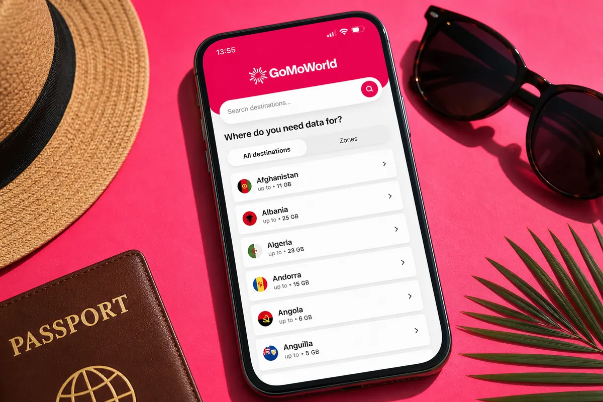 Stylized screenshot of the GoMoWorld app on a colorful background, showing a data plan for 15 days
