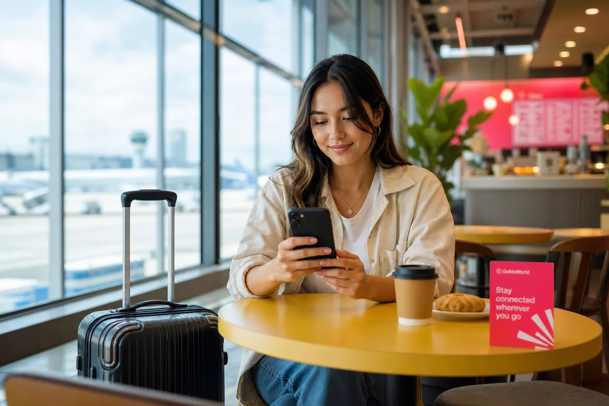 Voyageur détendu préparant son smartphone dans un terminal d'aéroport.