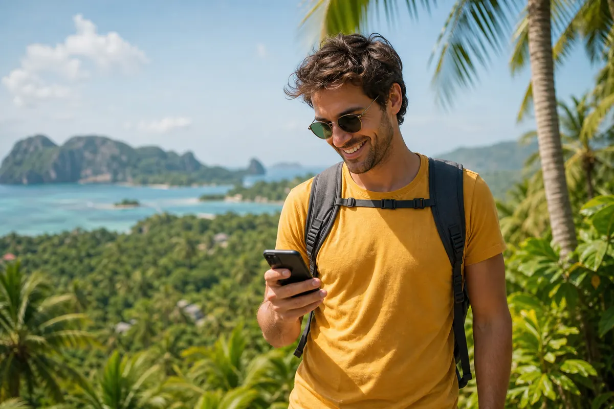 Traveler connected with their smartphone in a sunny tropical beach landscape.