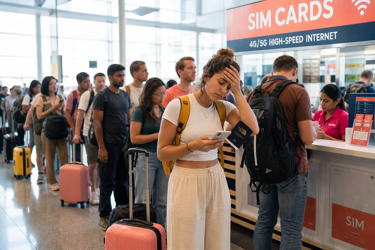 File d'attente de voyageurs fatigués au comptoir SIM d'un aéroport.