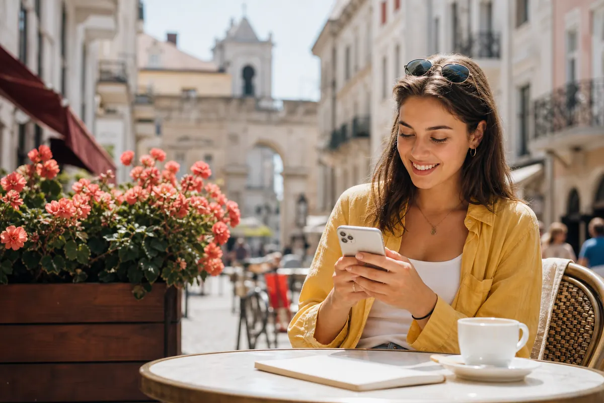 Voyageur utilisant sereinement son smartphone à l'étranger grâce à l'eSIM.