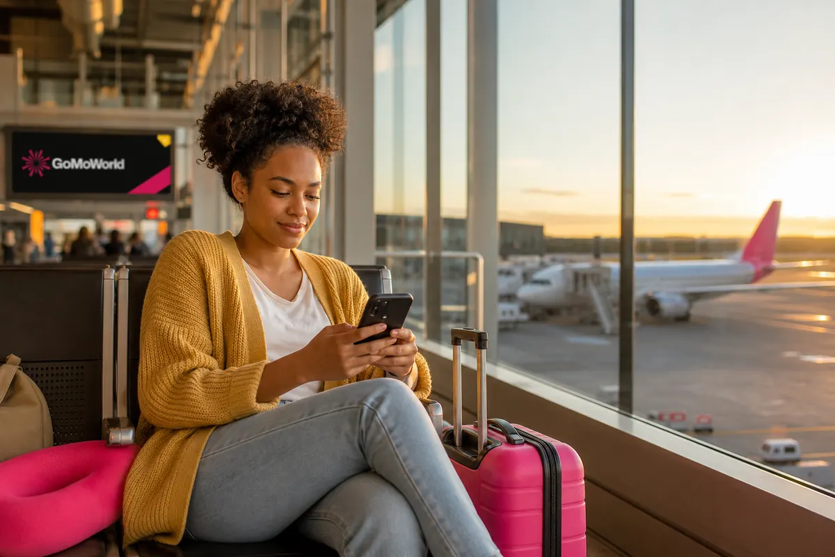Voyageur préparant l'activation de son eSIM sur smartphone à l'aéroport.