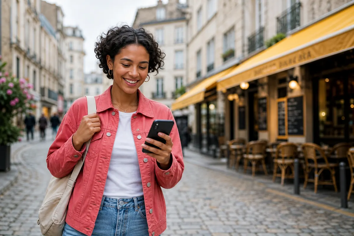 Voyageur souriant avec son smartphone après une configuration APN réussie.