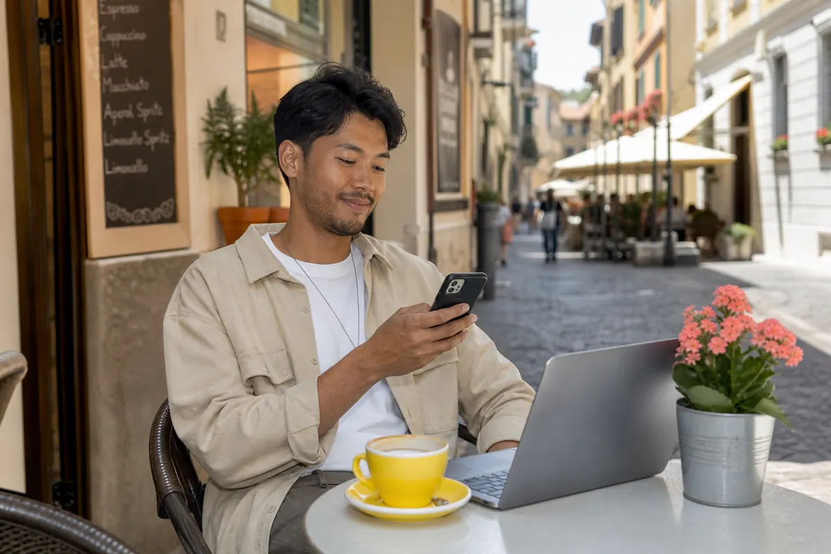 Voyageur détendu partageant sa connexion mobile sans stress dans un café.