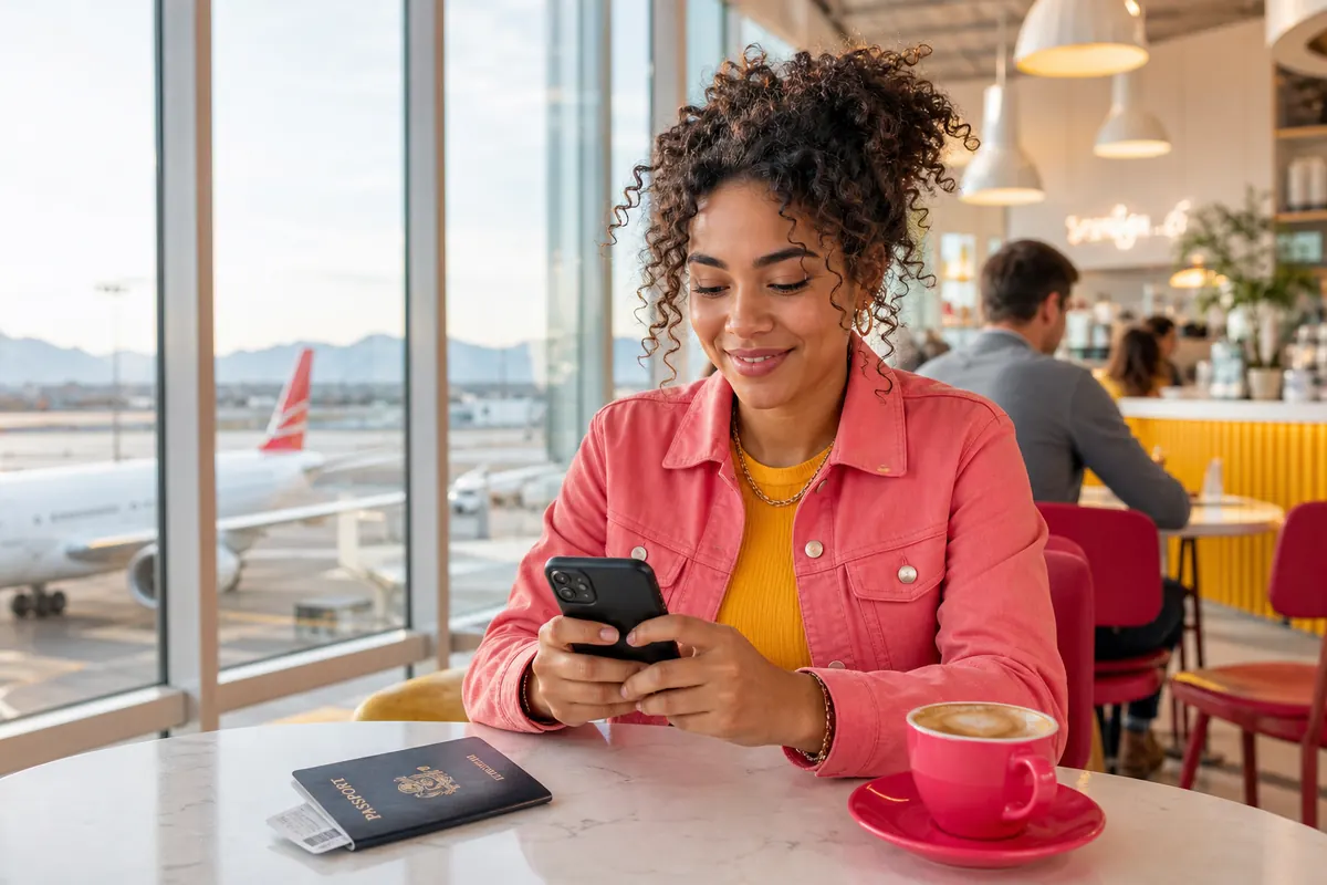 Traveler activating their mobile plan on a smartphone at the airport with a passport.