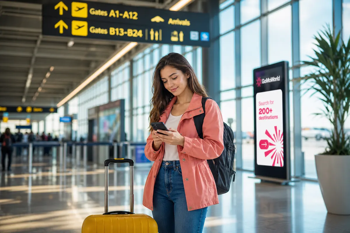 Relaxed female traveler using her smartphone at the airport without roaming charges