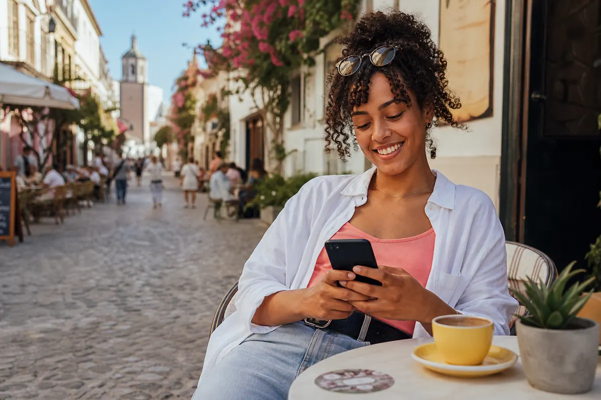 Relaxed traveler using his smartphone on a cafe terrace abroad