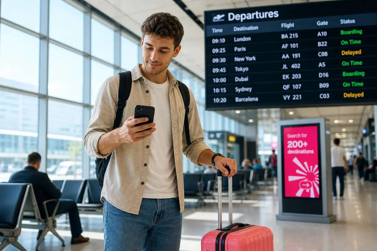 Traveler using an eSIM on a smartphone in a modern airport coffee shop.