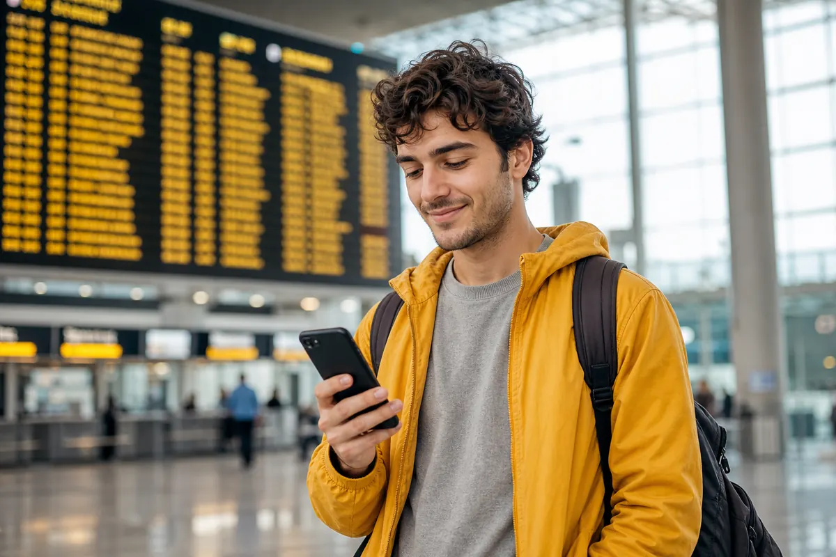 Voyageur connecté sur son smartphone devant le tableau des départs à l'aéroport