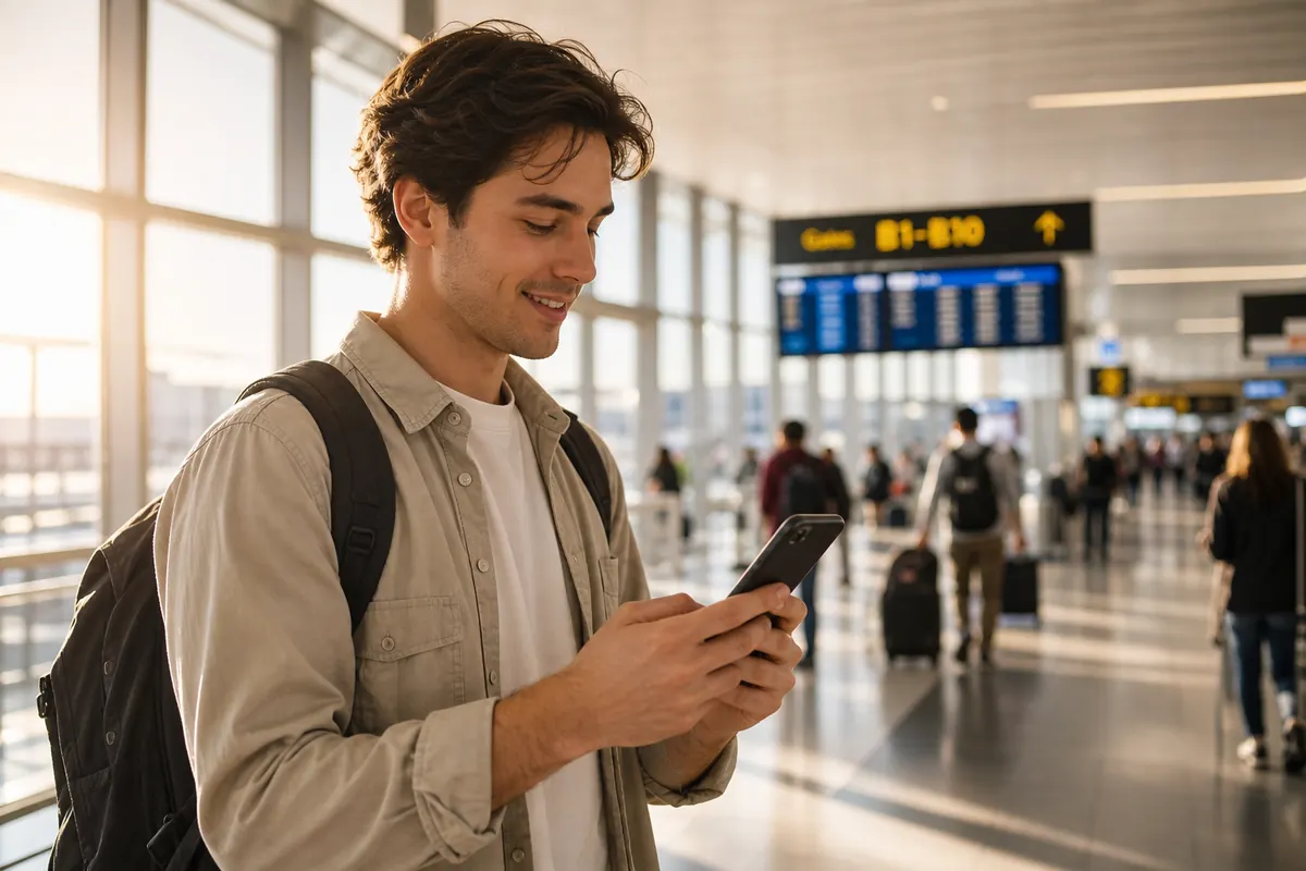 Voyageur activant son forfait eSIM sur son smartphone à l'aéroport.