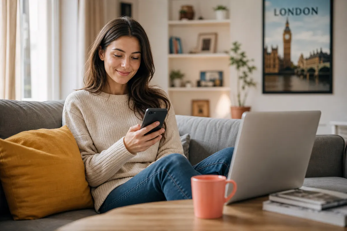 Confident traveler using mobile data on their smartphone abroad.