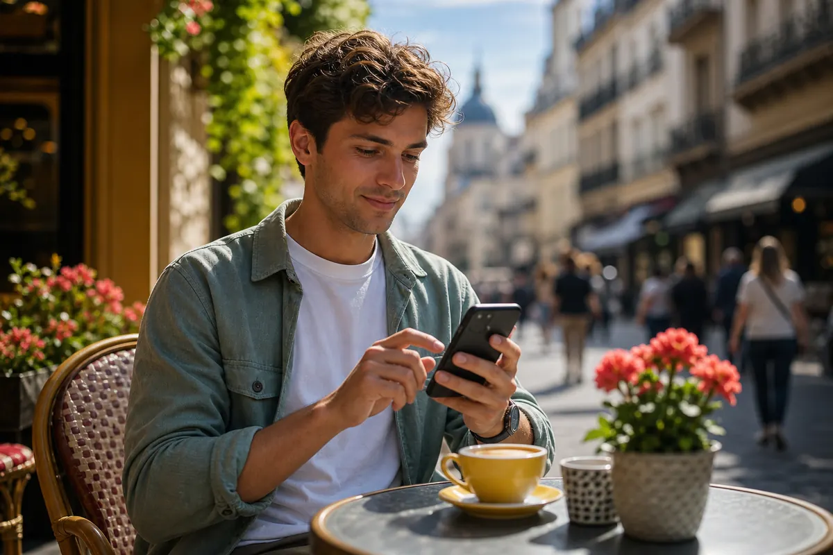 Voyageur ajustant les paramètres réseau de son smartphone à l'étranger.
