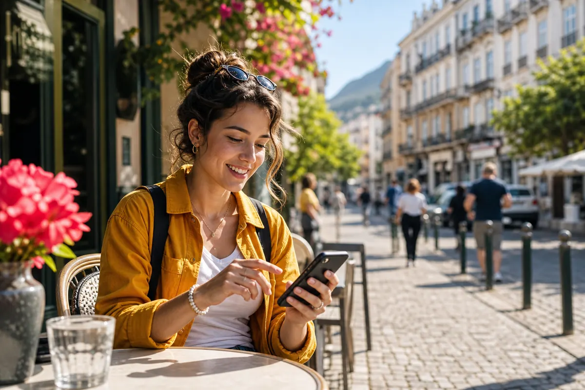 Voyageur utilisant son smartphone pour activer ses données mobiles à l'étranger