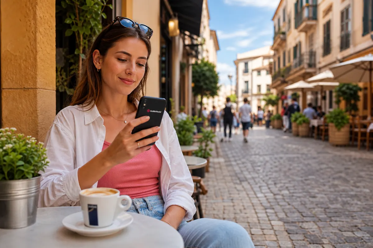 Female traveler using her smartphone stress-free thanks to an eSIM data plan.