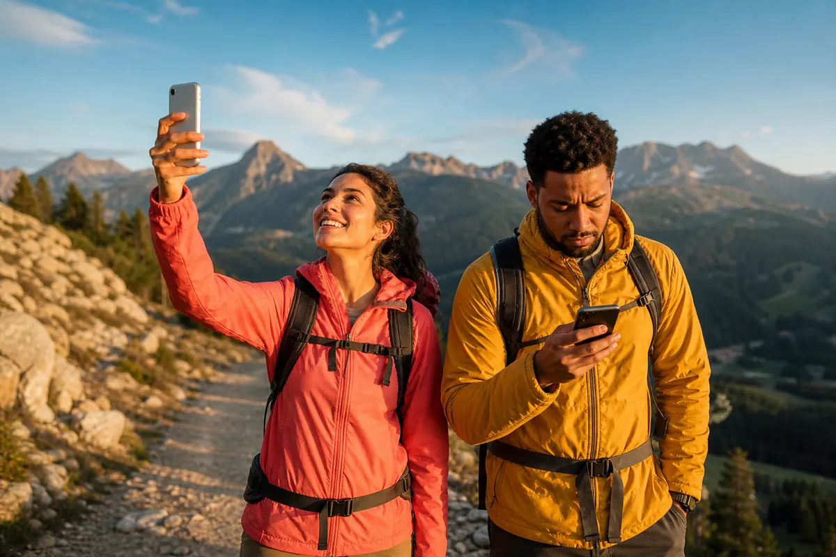 Travelers in the mountains without a network comparing the connection on their smartphones.