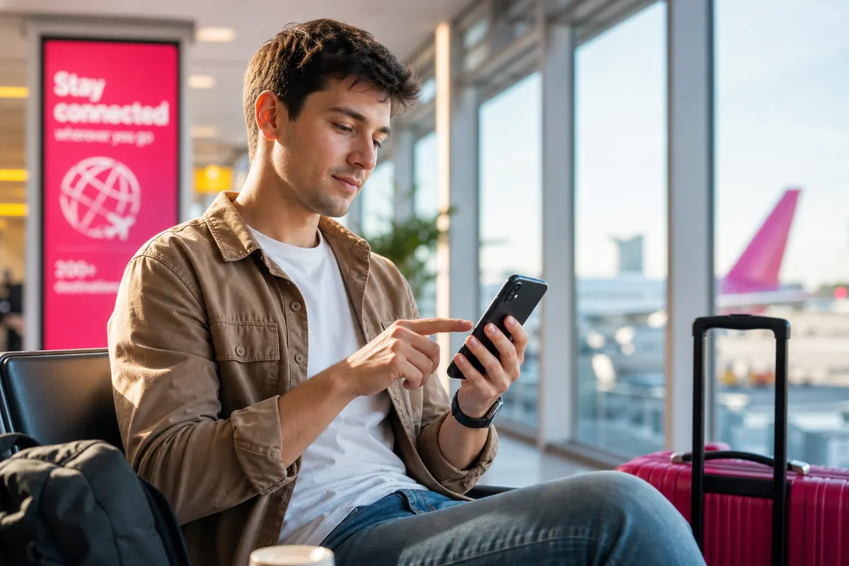 Traveler at the airport adjusting network settings on their iPhone.
