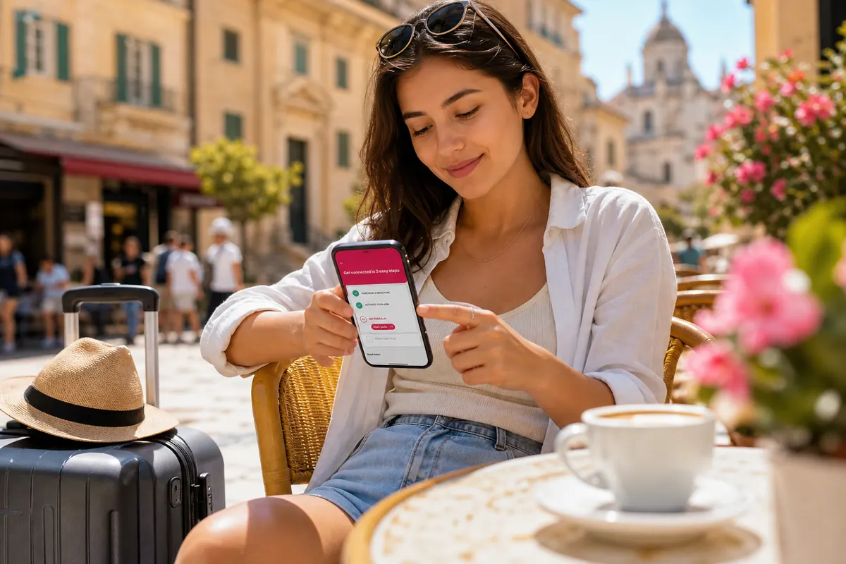 Relaxed traveler activating their eSIM plan on a smartphone at a cafe terrace.