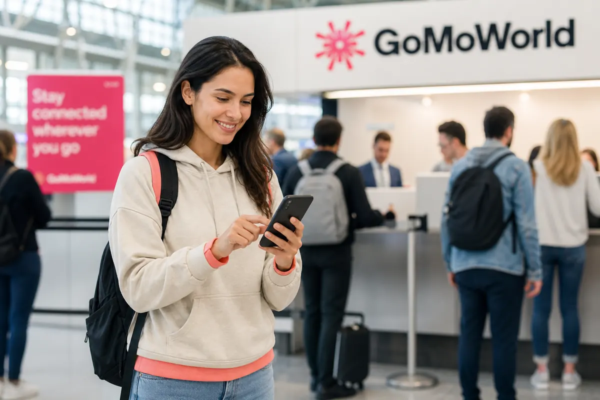 Relaxed traveler activating their eSIM plan on a smartphone at the airport.
