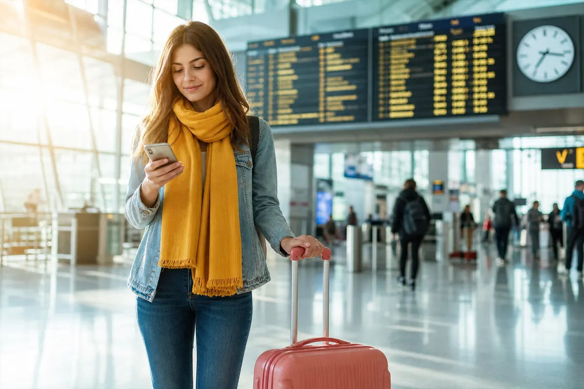 Traveler connected on their smartphone in front of an airport departure board.