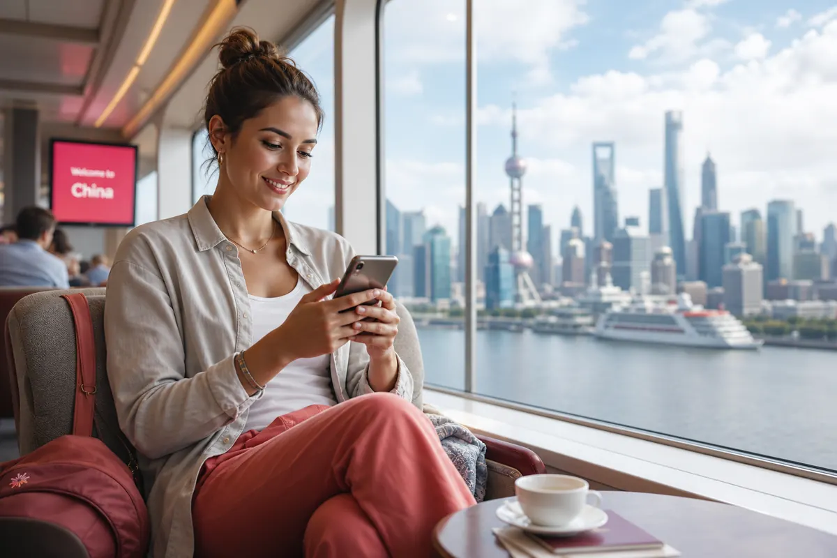 Relaxed traveler activating their eSIM plan on a smartphone before arriving in China.