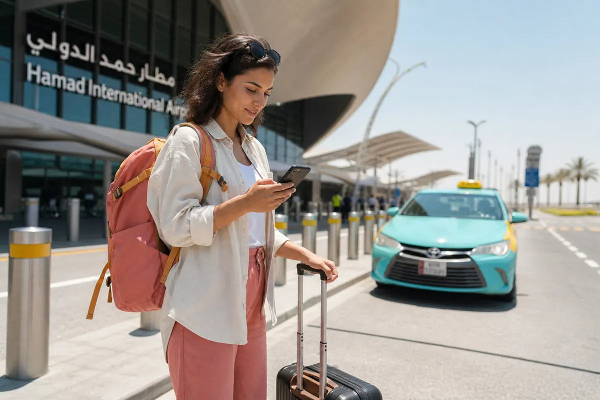 Traveler booking a taxi on their smartphone at Doha airport.