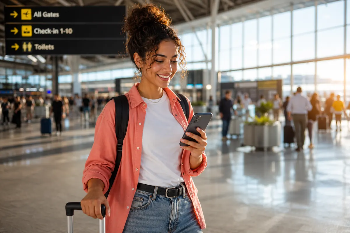 Traveler activating their eSIM plan on a smartphone in an airport terminal.