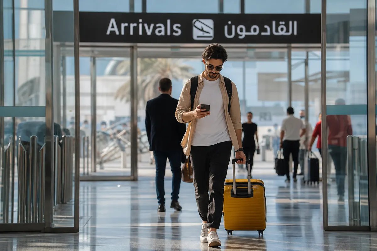 Traveler with a suitcase looking at their phone at Dubai airport.
