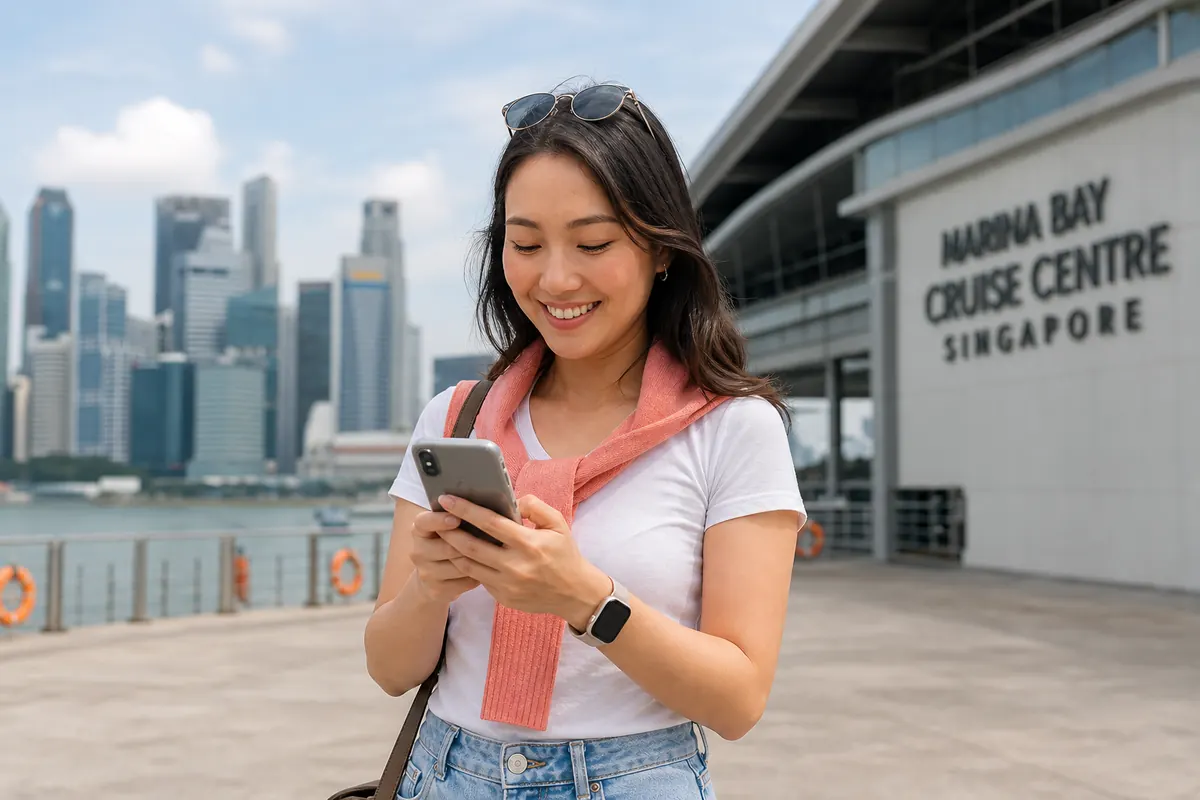 Voyageuse utilisant son smartphone à Singapour sans frais de roaming.