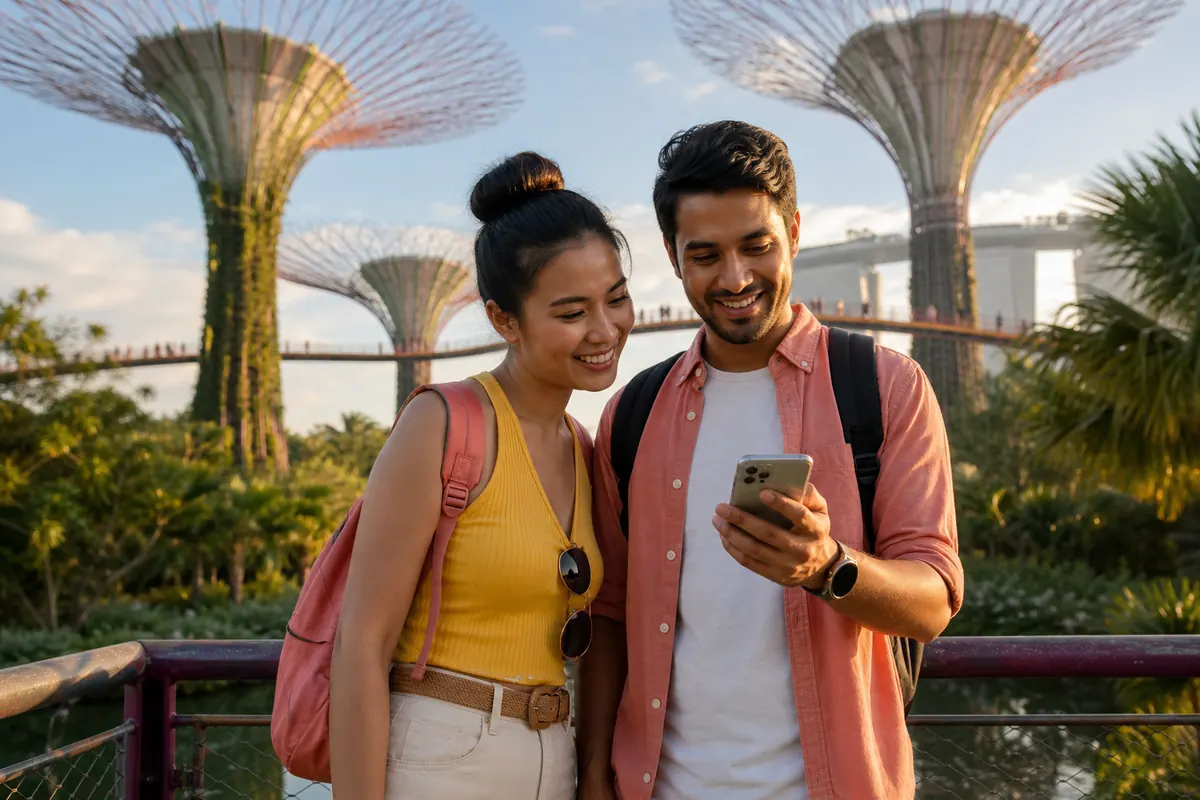 Deux voyageurs partageant un hotspot mobile à Gardens by the Bay.