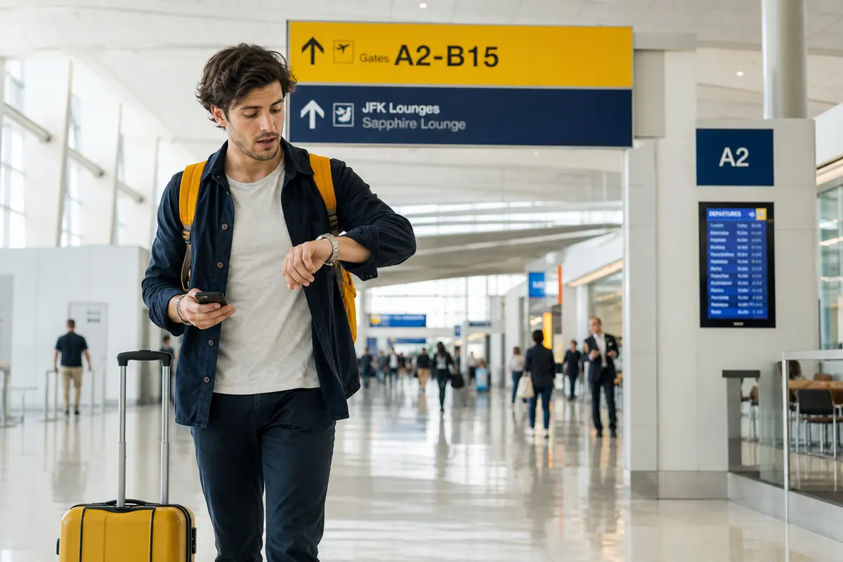Voyageur pressé avec smartphone et valise lors d'une escale à JFK