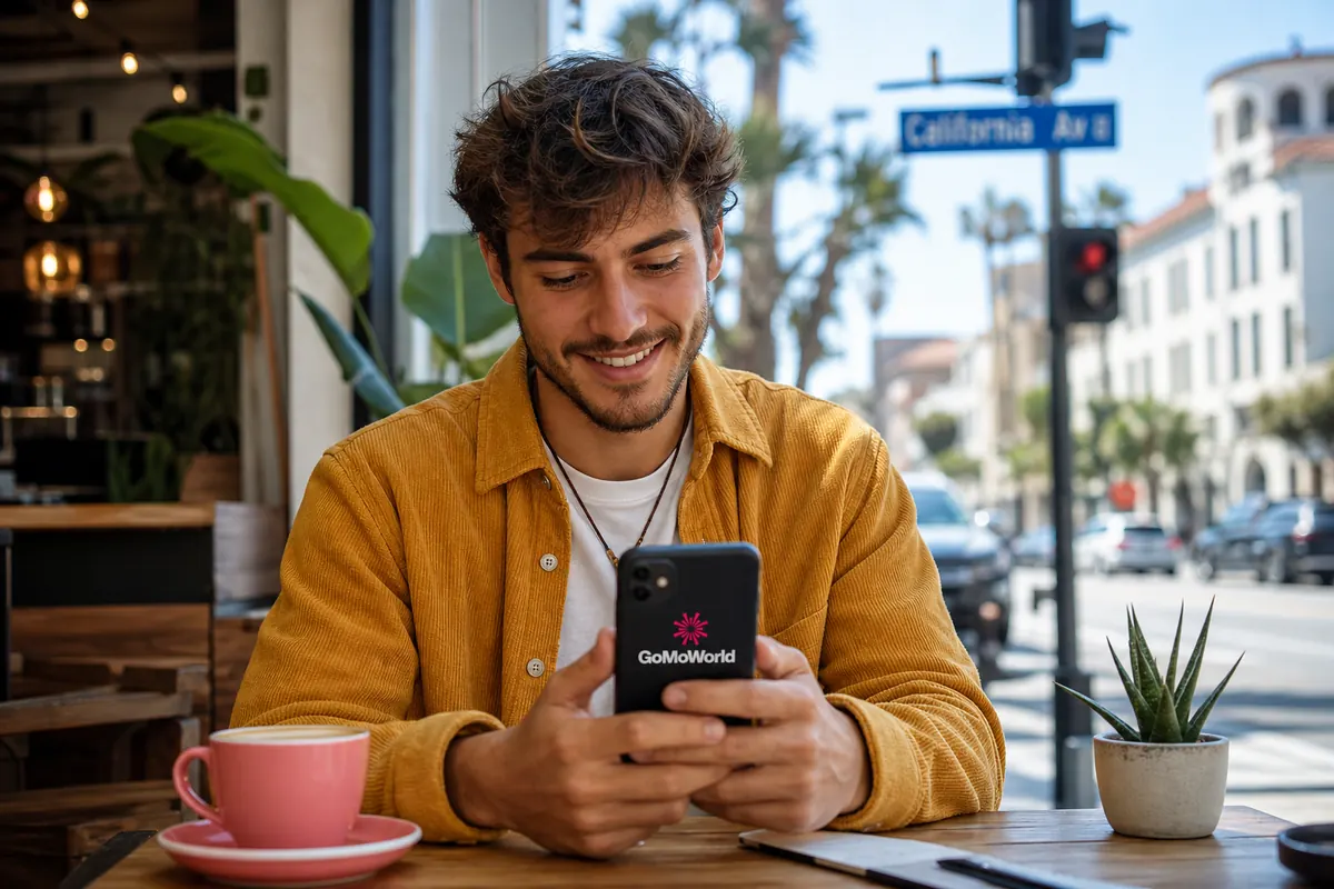 Nomade digital configurant facilement son forfait eSIM sur smartphone aux États-Unis.