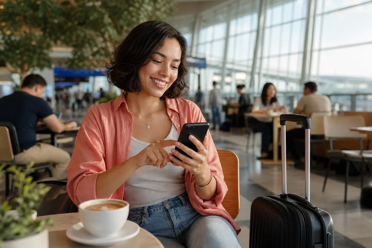 Jeune voyageur configurant facilement son forfait internet eSIM sur son smartphone.