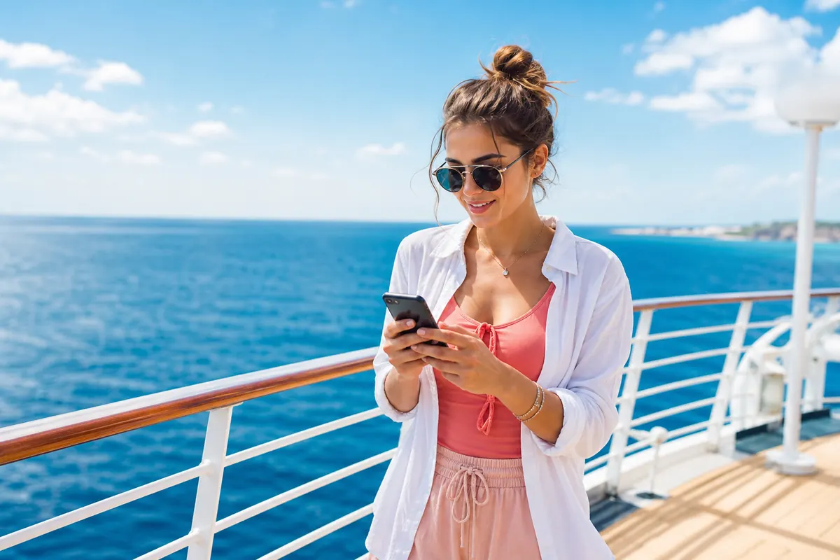 Traveler relaxing on a cruise ship deck checking their smartphone while connected to onboard Wi-Fi.
