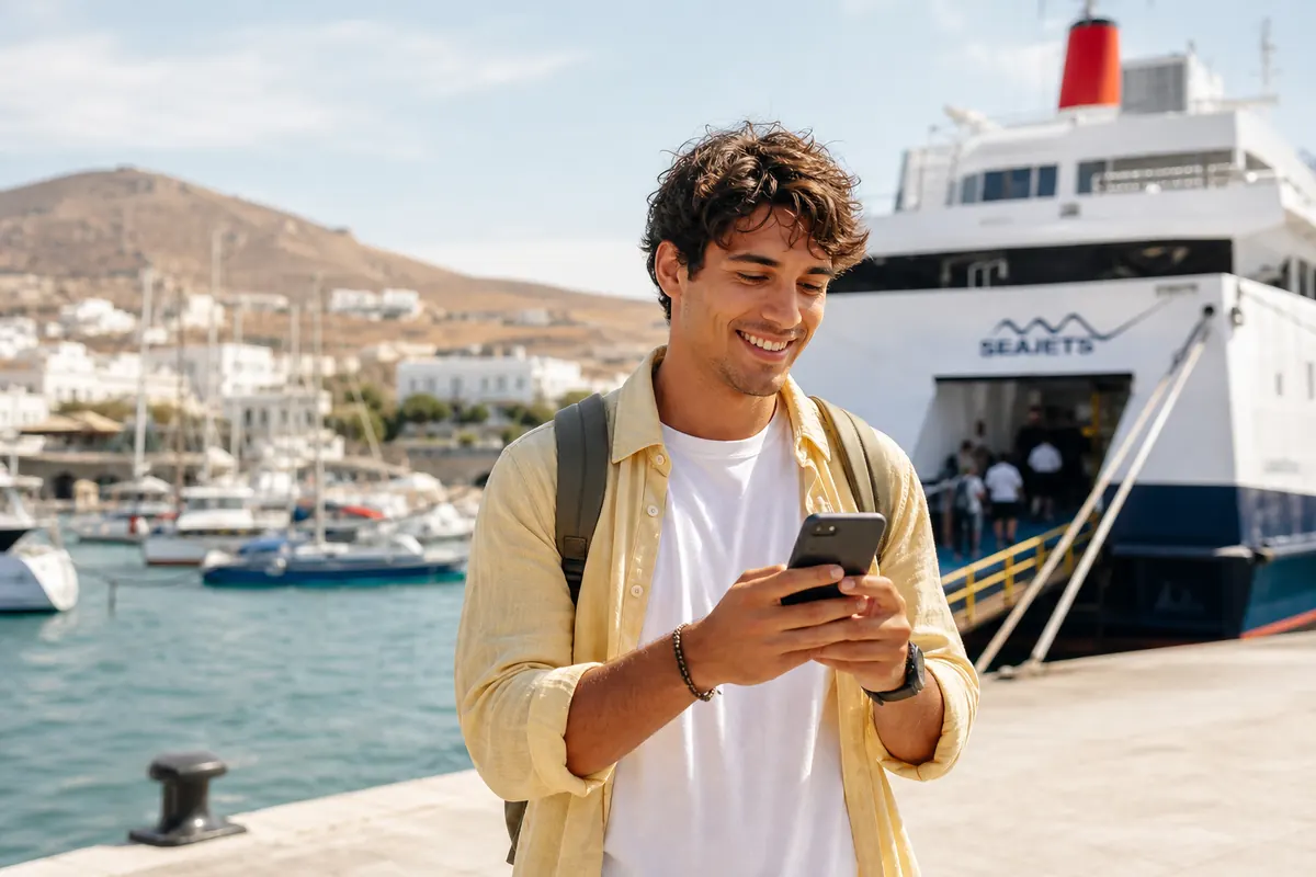 Traveler activating their eSIM plan on a smartphone while walking off a cruise ship at a sunny port call.