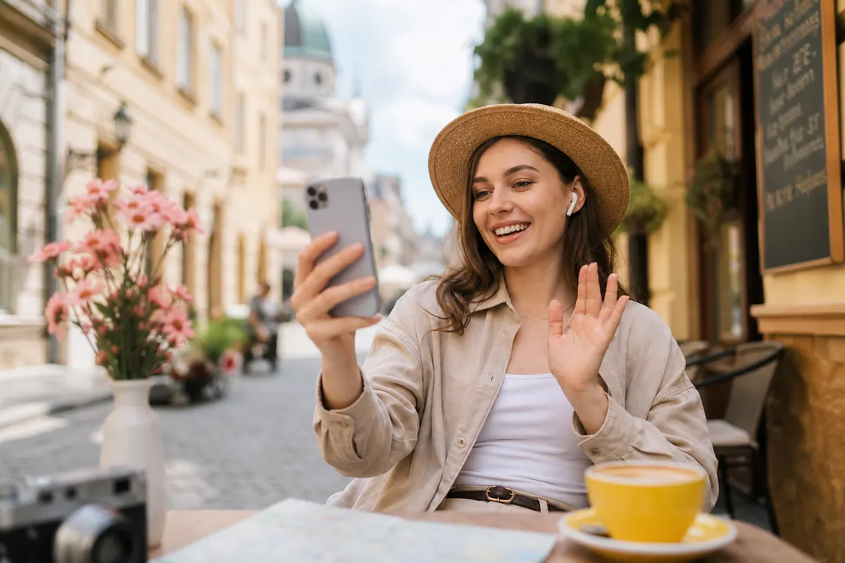 Relaxed traveler making a video call on her smartphone abroad.