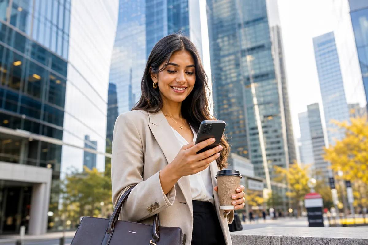 Business traveler using a smartphone with an eSIM