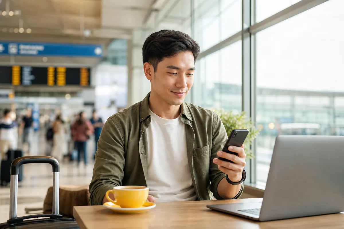 Relaxed business traveler checking his smartphone in an airport café.